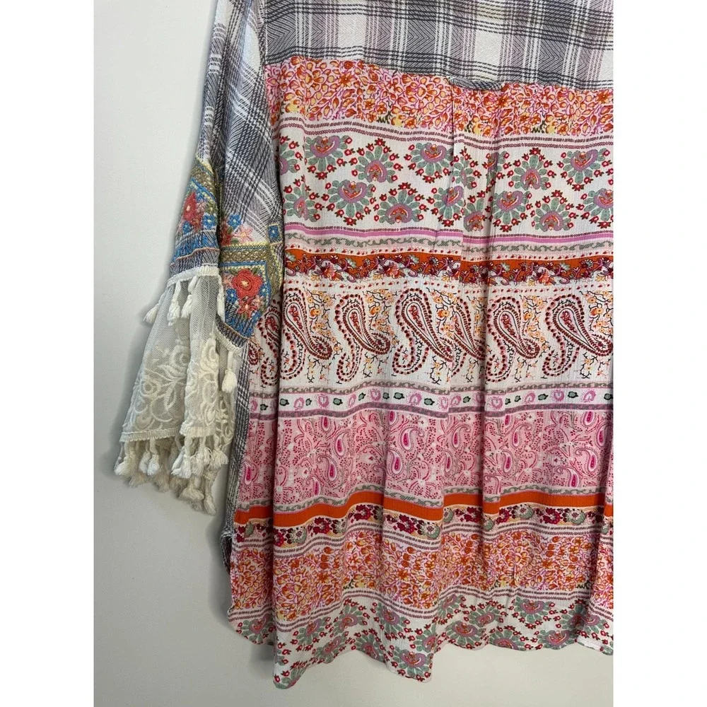 John Mark Boho Embroidered Plaid Tunic Top Lace Tassel Sleeve Blouse Womens XL - Picture 10 of 14